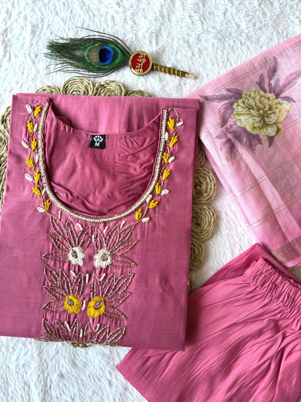 New Designer Light Pink Mul Chanderi Suit Set with Beautiful Hand Work