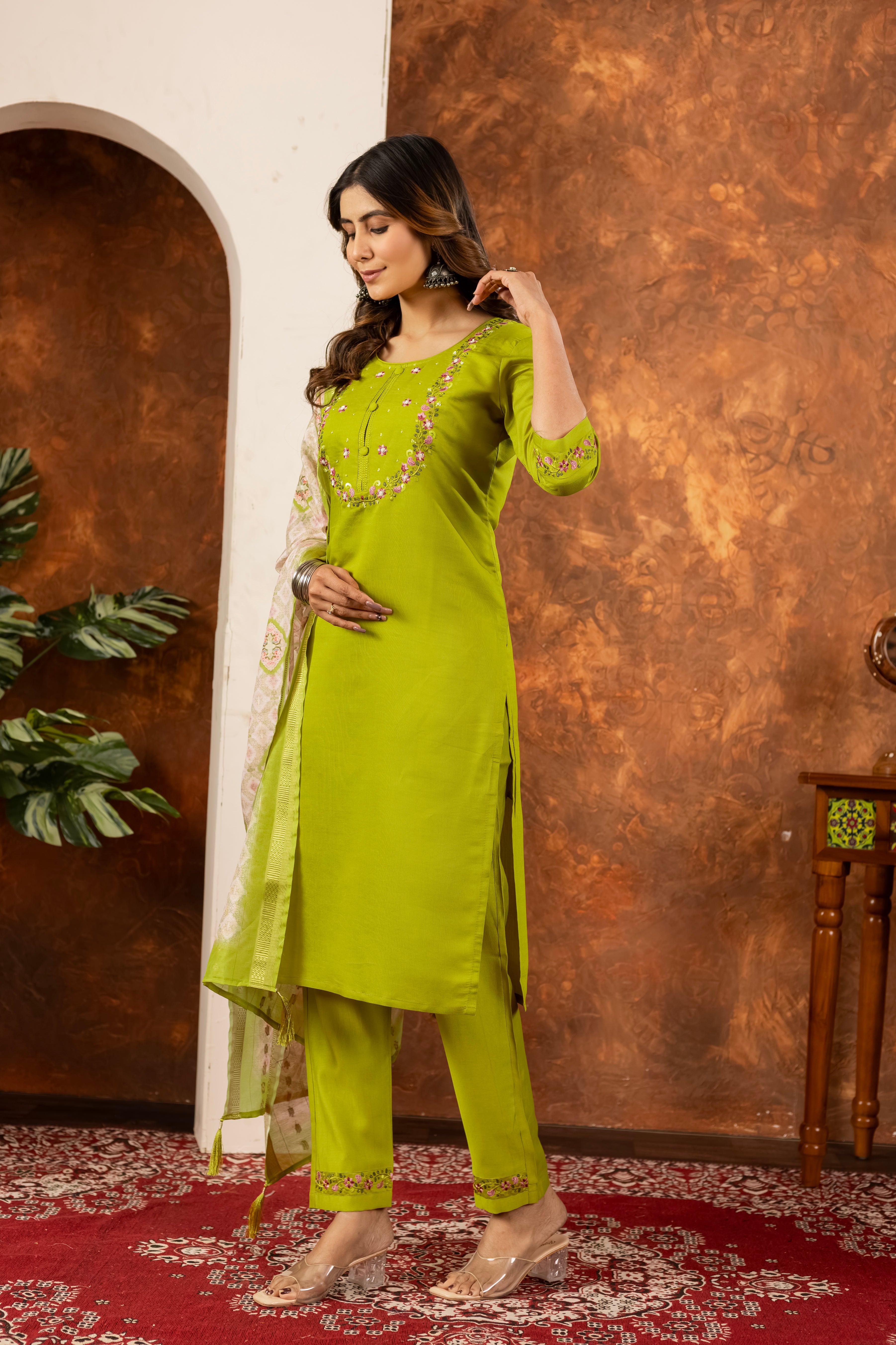 Women’s Marina Silk Embroidered Straight Suit Set
