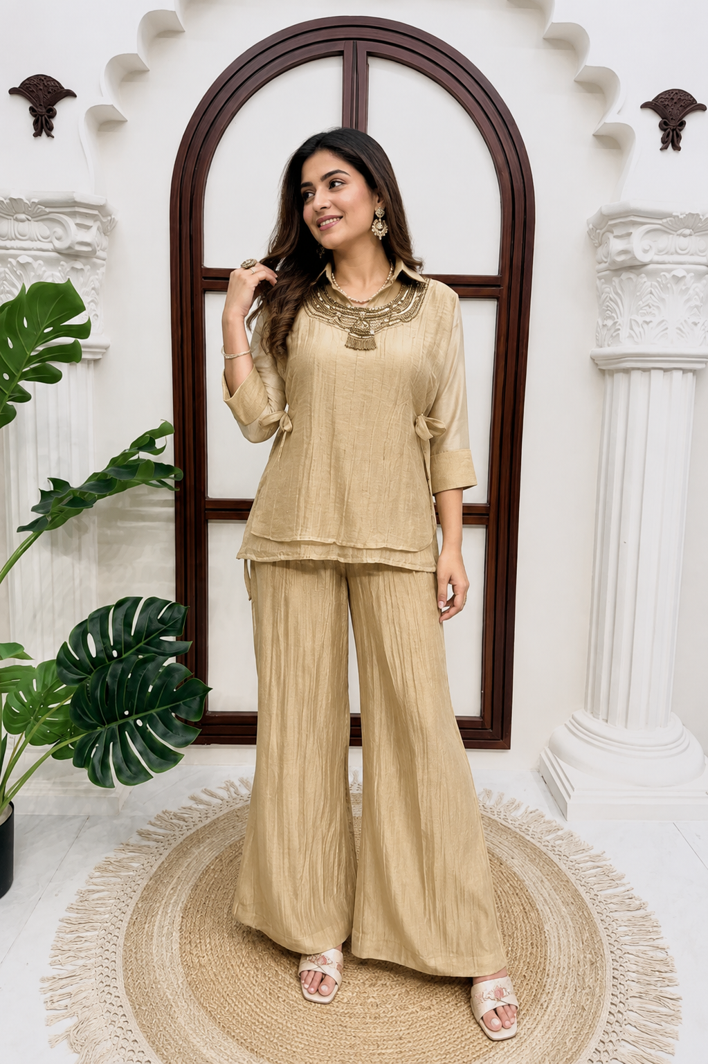Premium Beige Salsa Crushed Festive Co-Ord Set