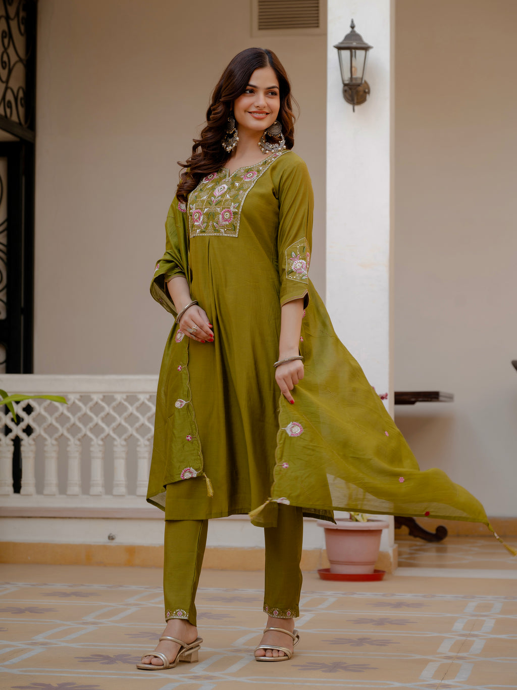 Women’s Olive Green Mango Silk Embroidered Suit Set