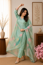 New Designer Mint Green Linen Cotton Suit Set with Handwork