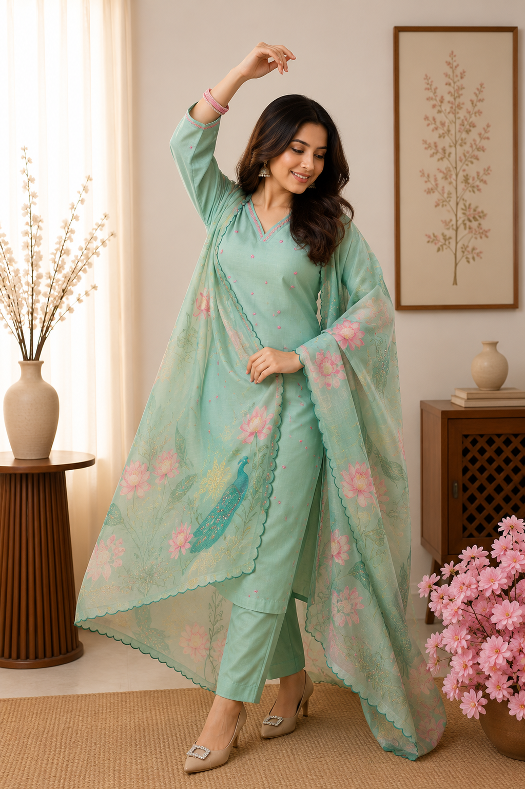 New Designer Mint Green Linen Cotton Suit Set with Handwork