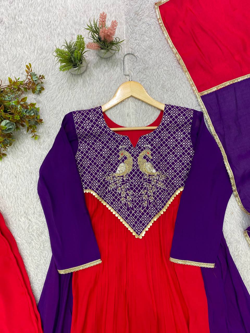 Festive Sequence Embroidered Mul Chanderi Anarkali Suit Set