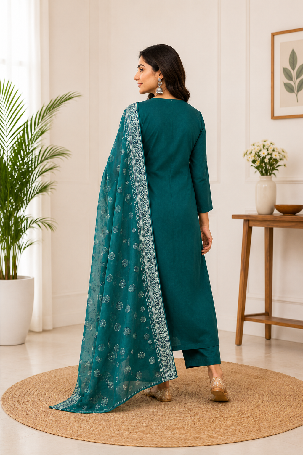 Emerald Teal Cotton Ethnic Suit Set With Real Mirror Hand Work