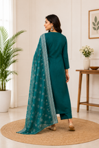 Emerald Teal Cotton Ethnic Suit Set With Real Mirror Hand Work