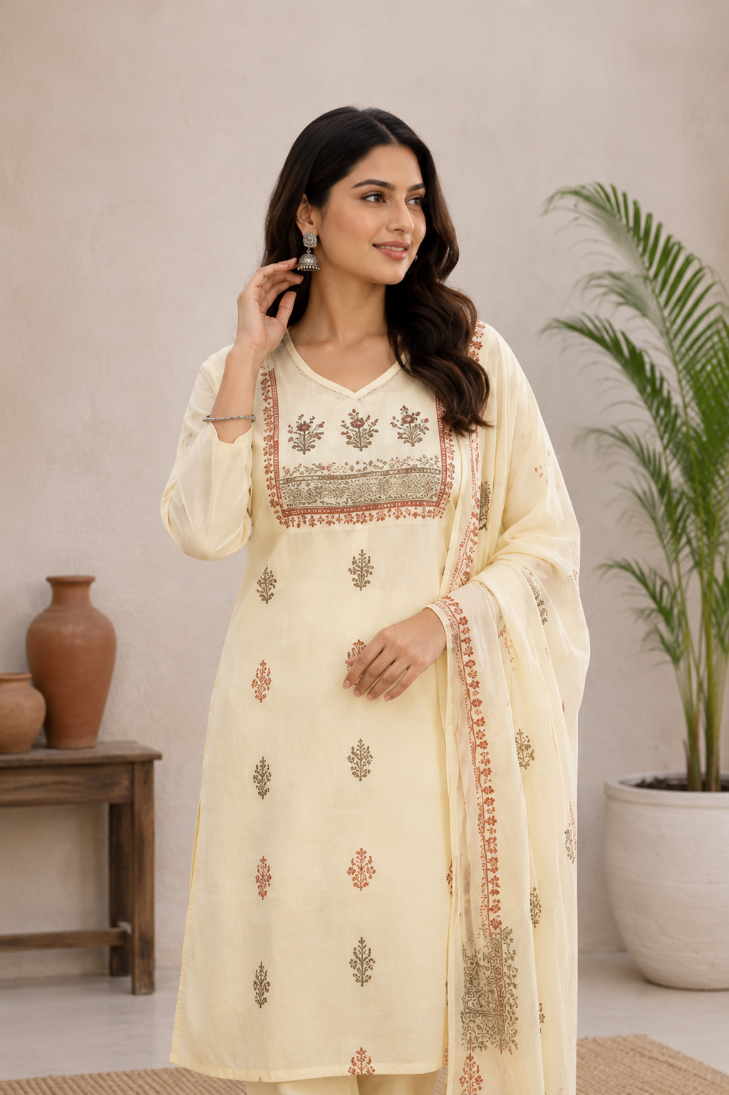 Ivory Cream Pure Cotton Hand Block Print Kurta Pant Set