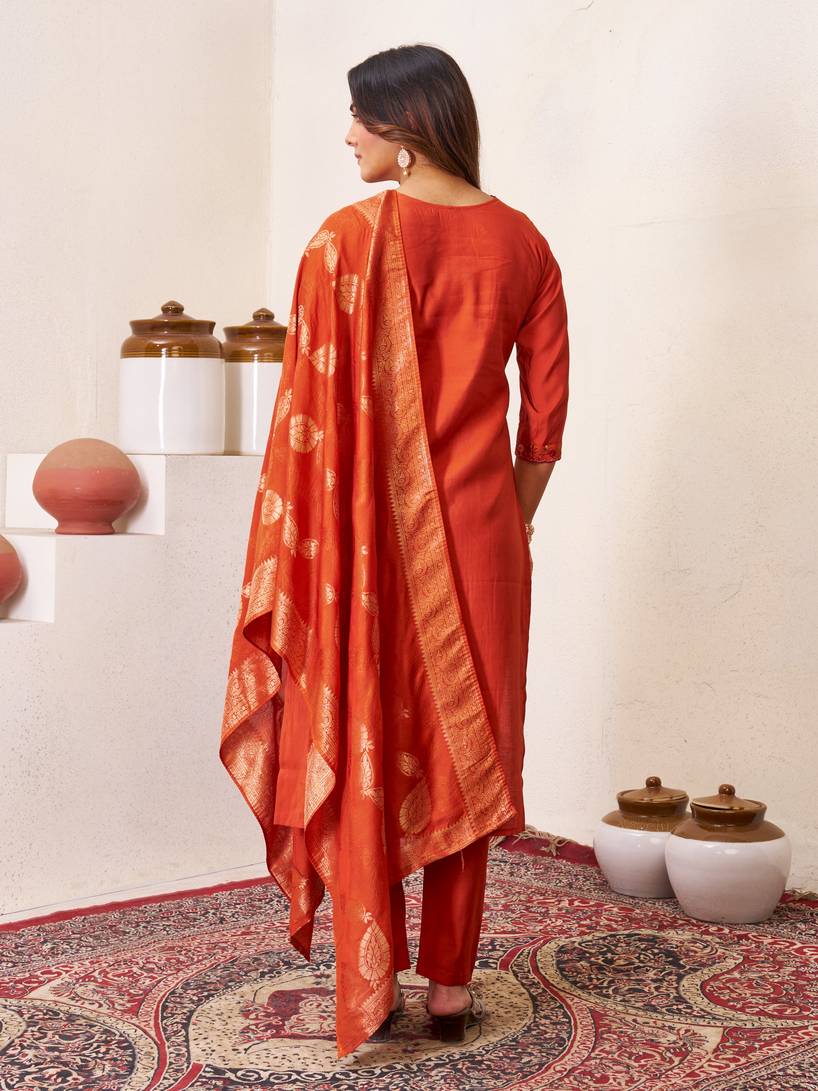 Beautiful Orange Roman Silk Embroidered Kurti Pant Dupatta Set