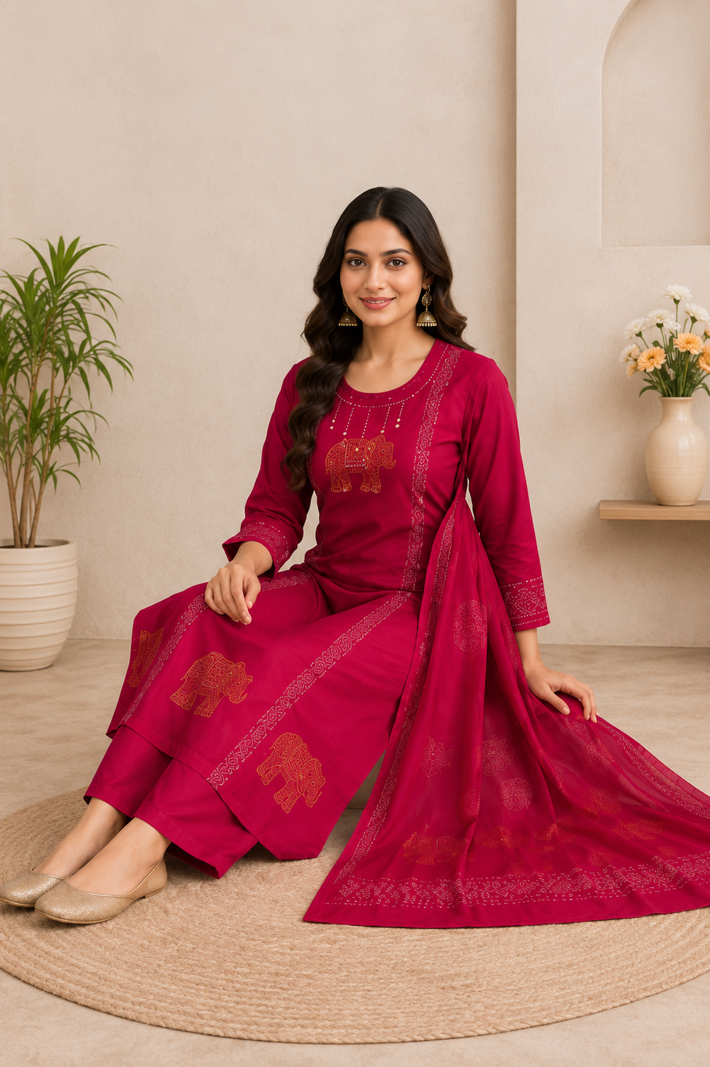 Very Beautiful Magenta Pure Cotton Suit  Set With Real Mirror Work