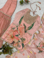 Elegant Blush Pink Sequence Embroidery Soft Organza Sharara Suit Set