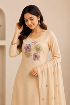 Elegant Beige Pure Cotton Thread Embroidery Suit Set