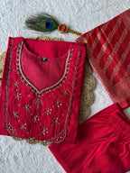 Elegant Handwork Mul Chanderi Suit Set With Jacquard Dupatta