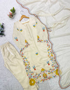 Premium Festive Cream Embroidery Glass Roman Silk Suit Set