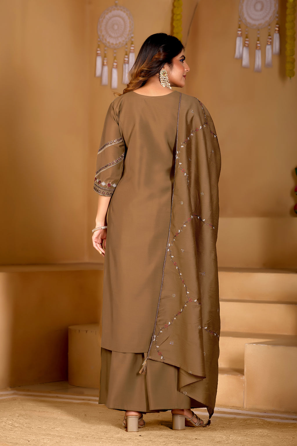 Beautiful Brown Viscose Mango Silk Anarkali Kurti Set