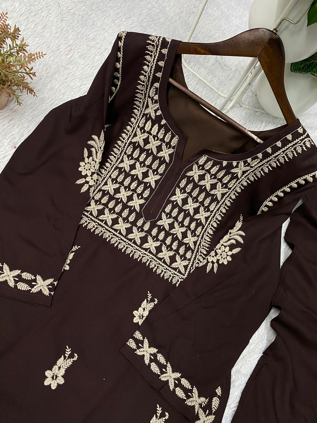 Very Attractive Brown Premium Rayon Embroidery Suit Set Set