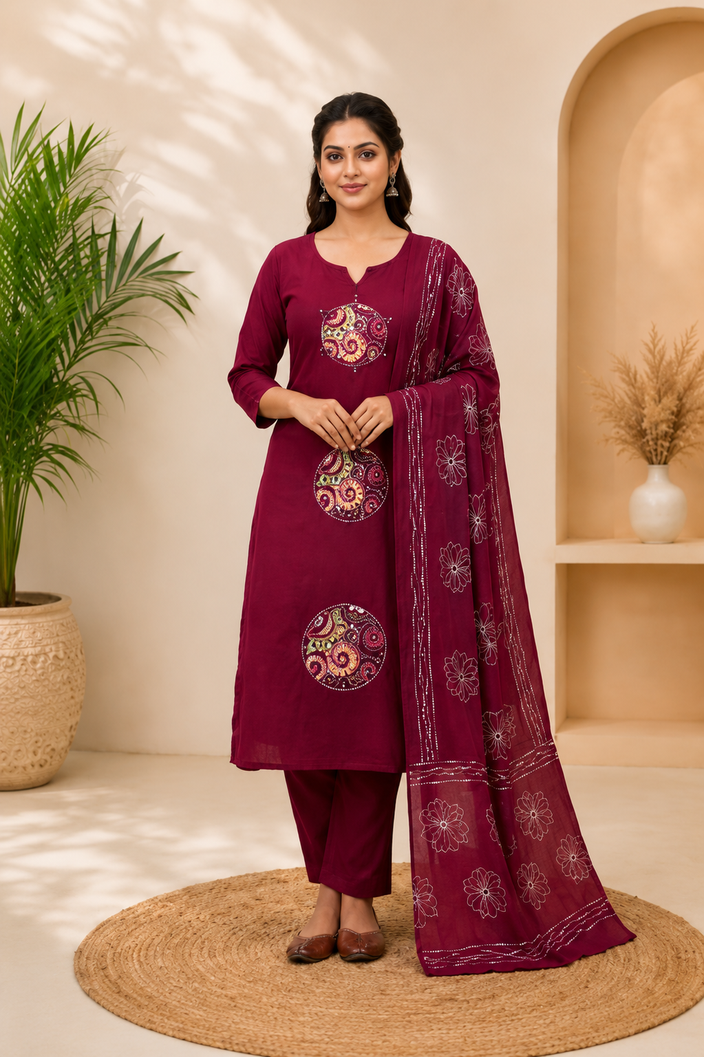 Wine Pure Cotton Embroidery Kurta Pant Set With Mandala Patchwork