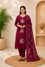 Wine Pure Cotton Embroidery Kurta Pant Set With Mandala Patchwork