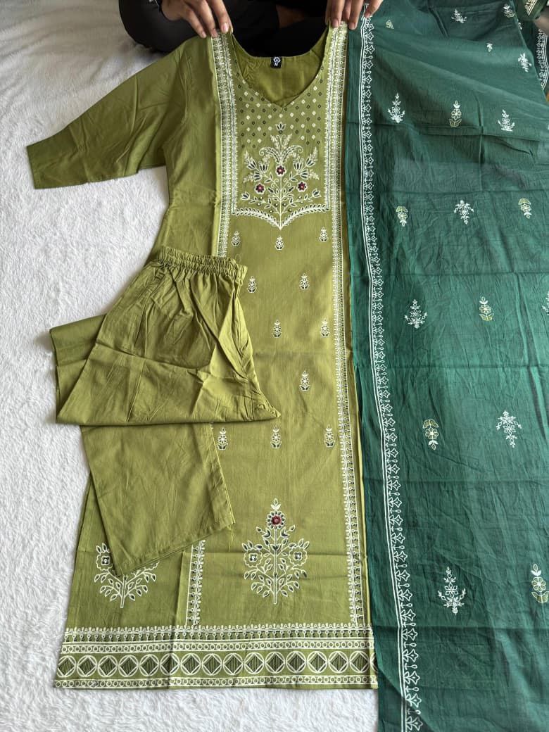 Elegant Green Hand Block Printed Pure Cotton Suit Set