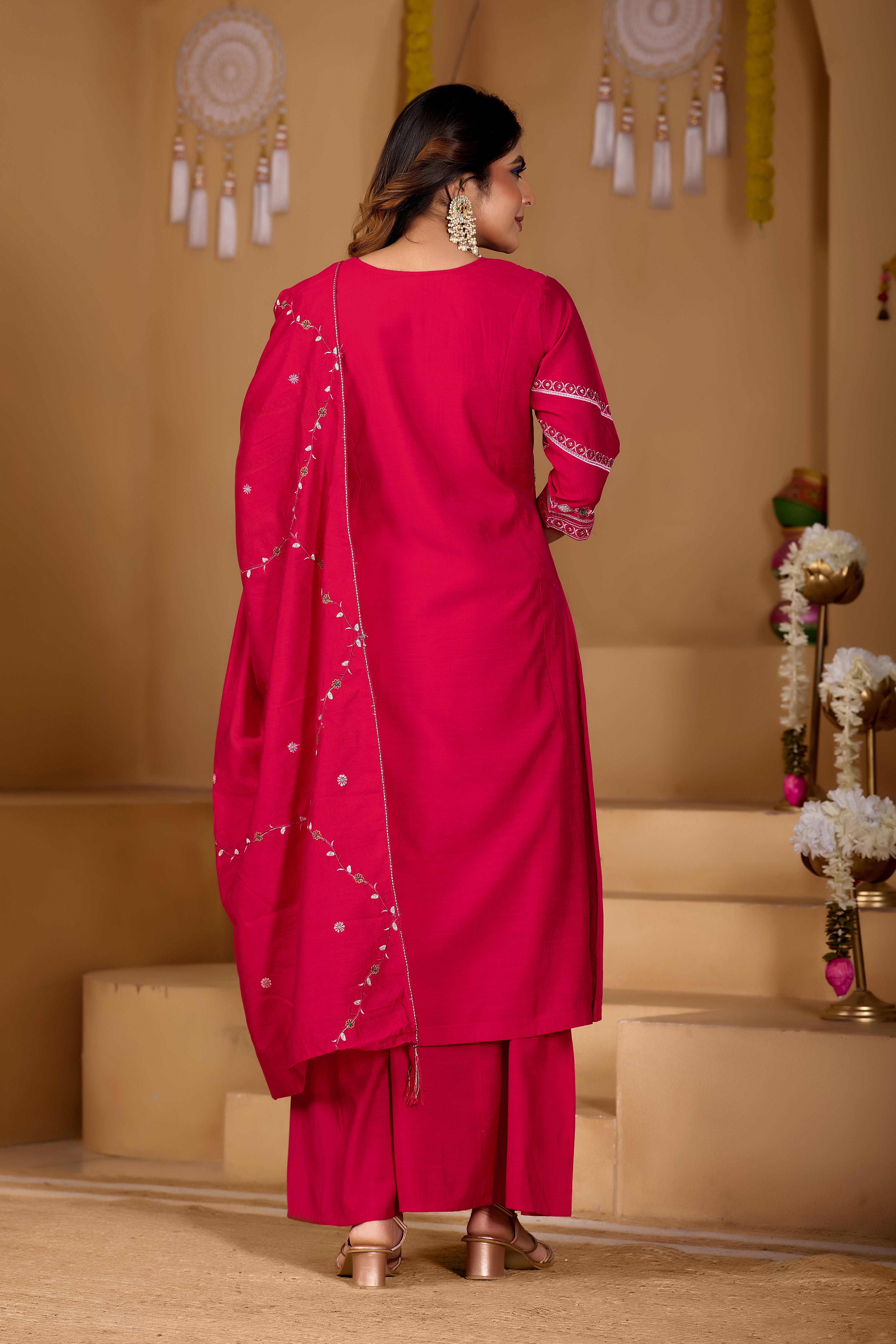 Attractive Rani Pink Viscose Mango Silk Anarkali Kurti Set