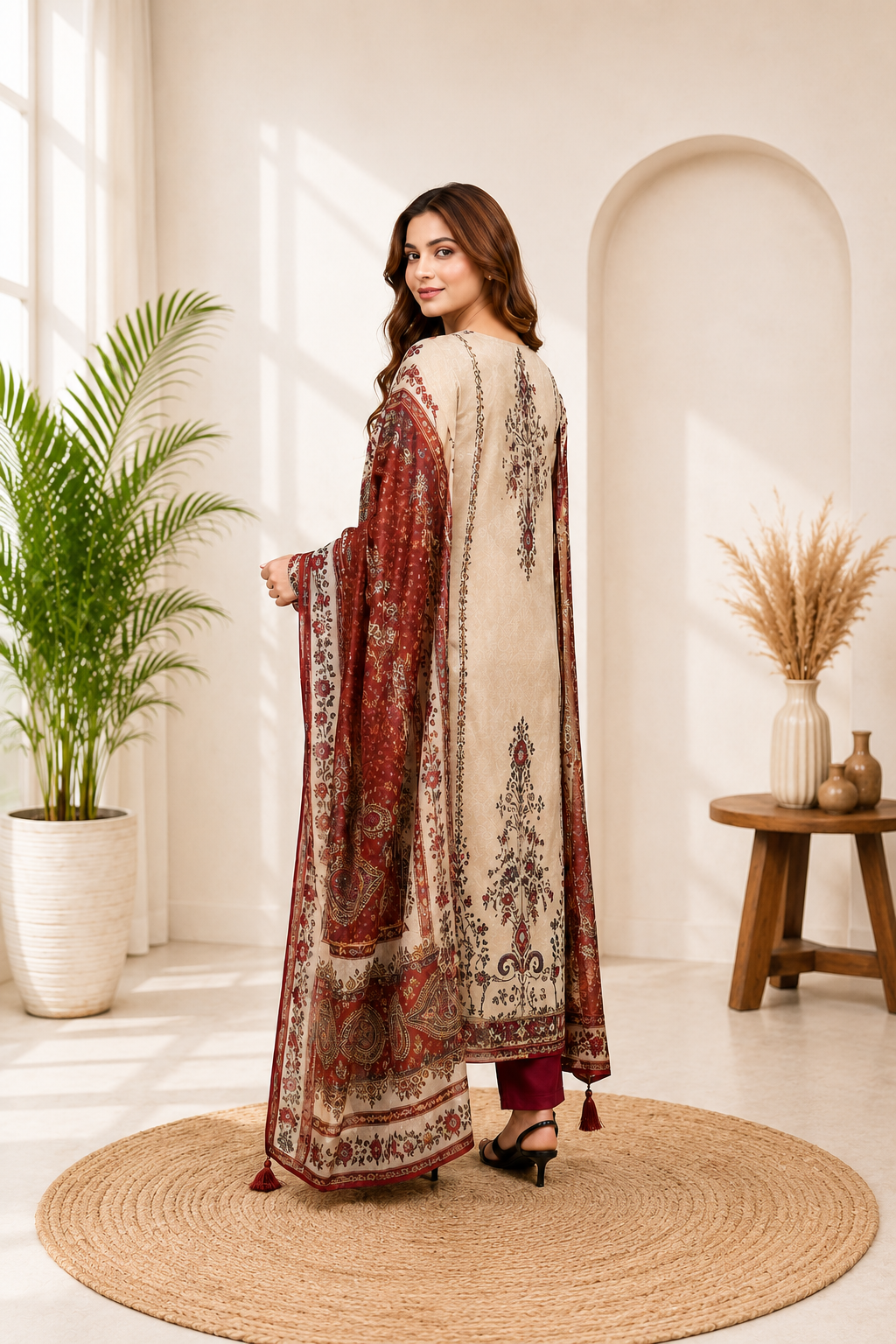 Very Attractive Beige and Maroon Printed Chinon Suit Set With Mirror Work