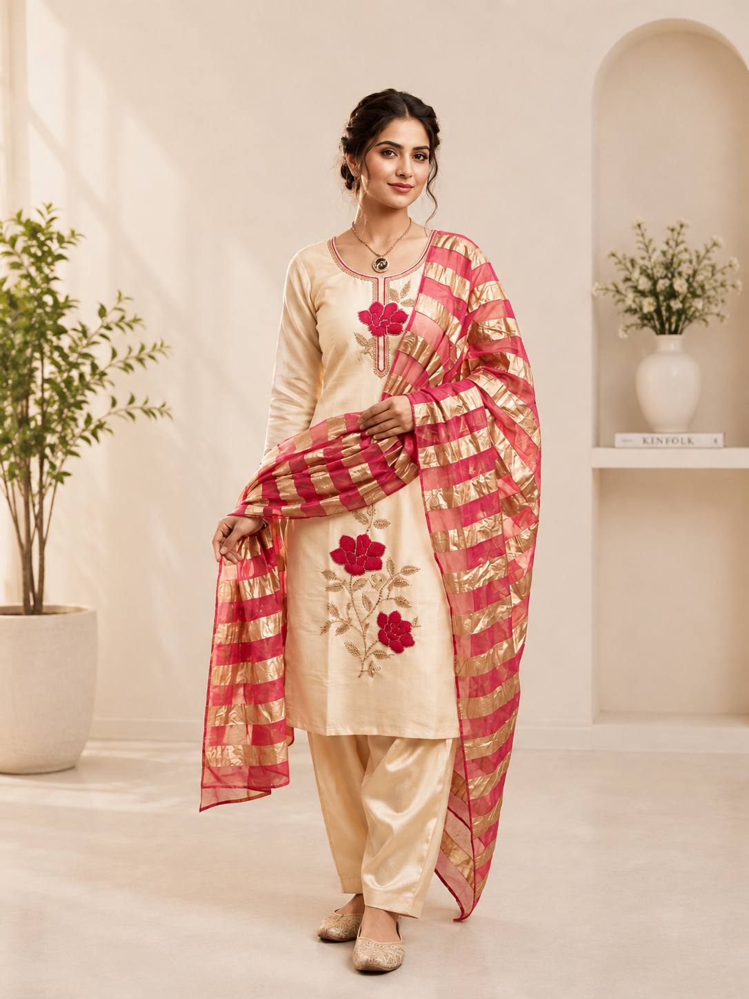 Elegant Beige Premium Roman Silk Beads Embroidered Suit Set