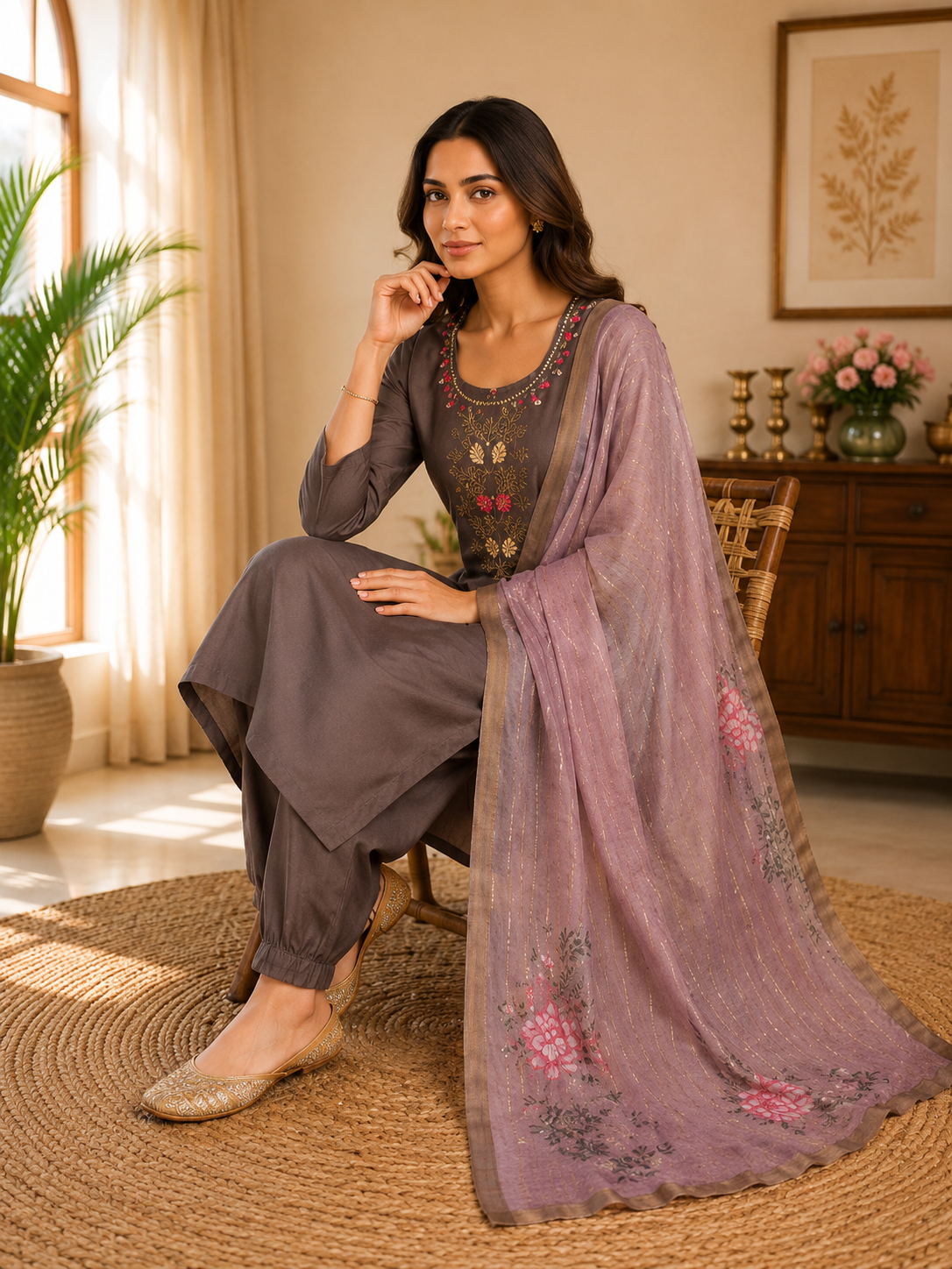 Brown Premium Mul Chanderi Hand Work Suit Set With Floral Dupatta
