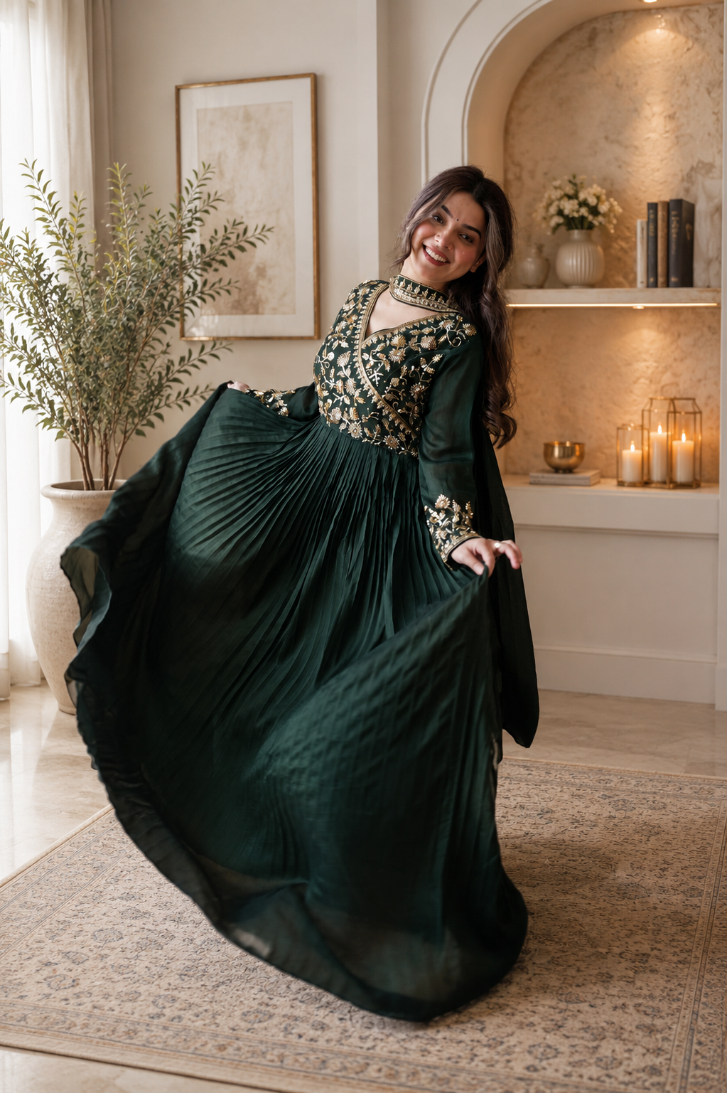 Green Blooming Vichitra Silk Embroidered Anarkali Gown