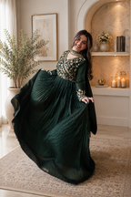 Green Blooming Vichitra Silk Embroidered Anarkali Gown