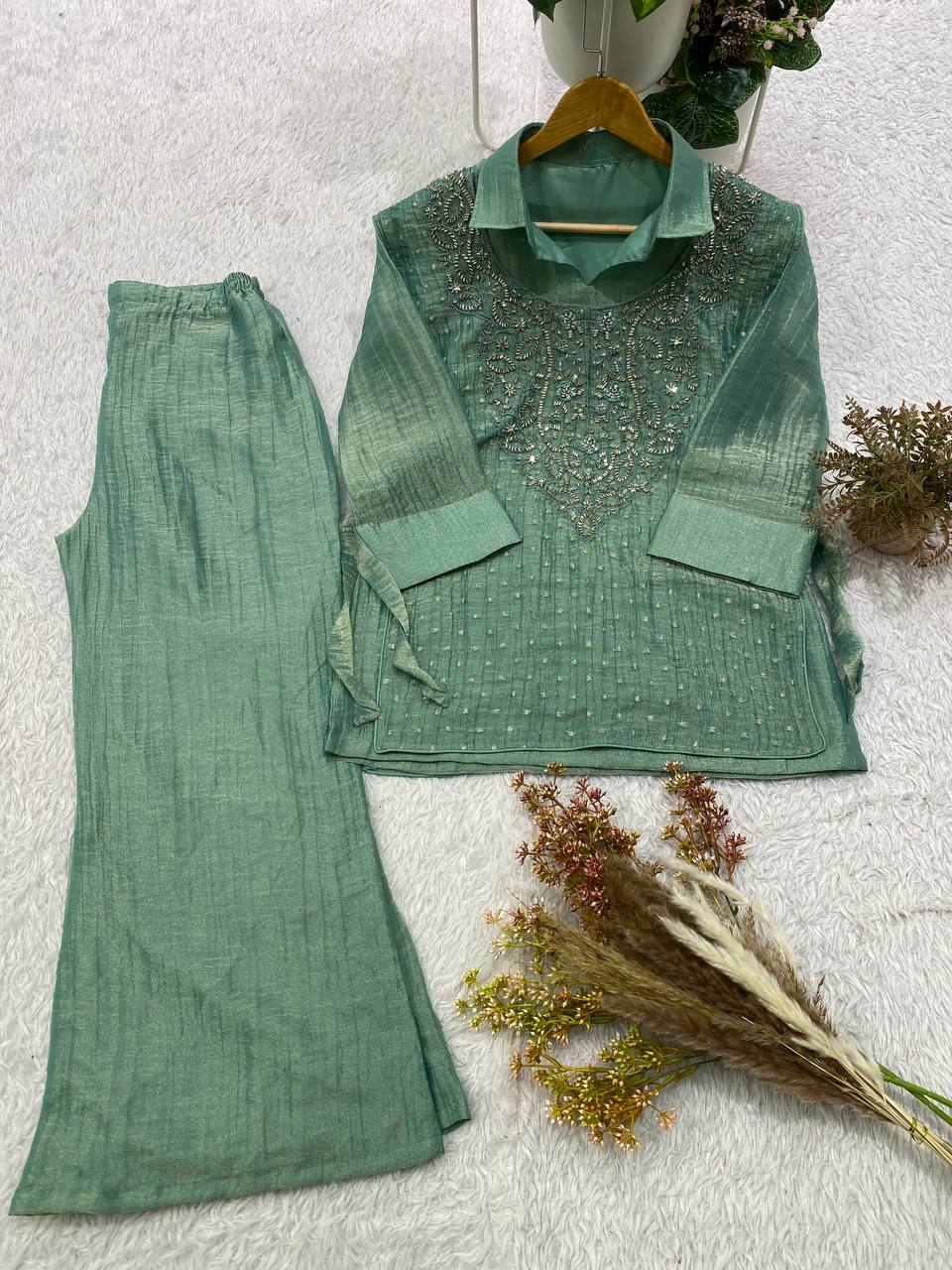 Very Beautiful Sage Green Salsa Silk HandWork Co-Ord Set