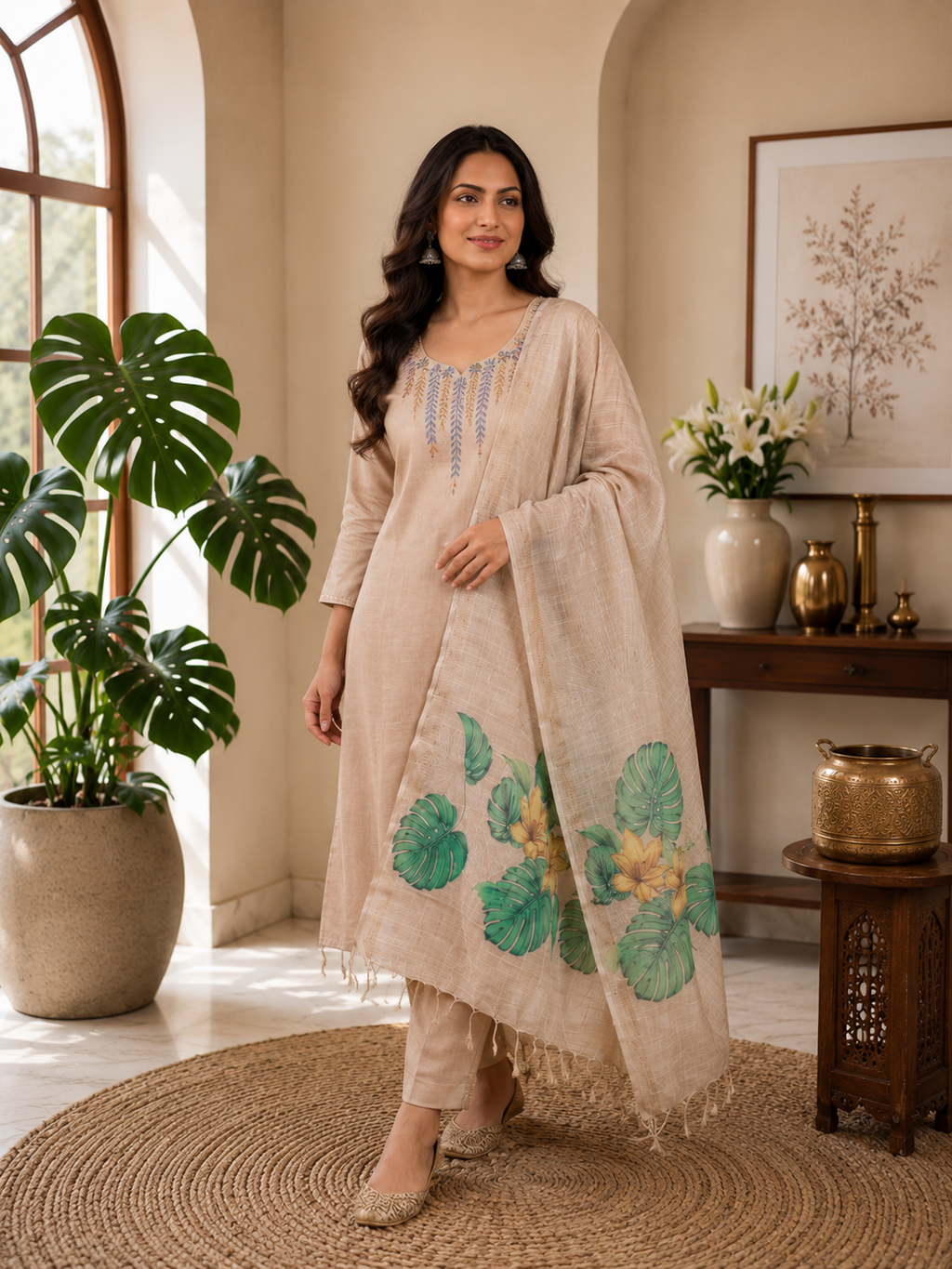 Elegant Beige Hand Work Premium Mul Chanderi Suit Set With Floral Dupatta