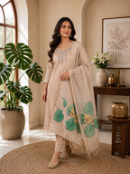 Elegant Beige Hand Work Premium Mul Chanderi Suit Set With Floral Dupatta