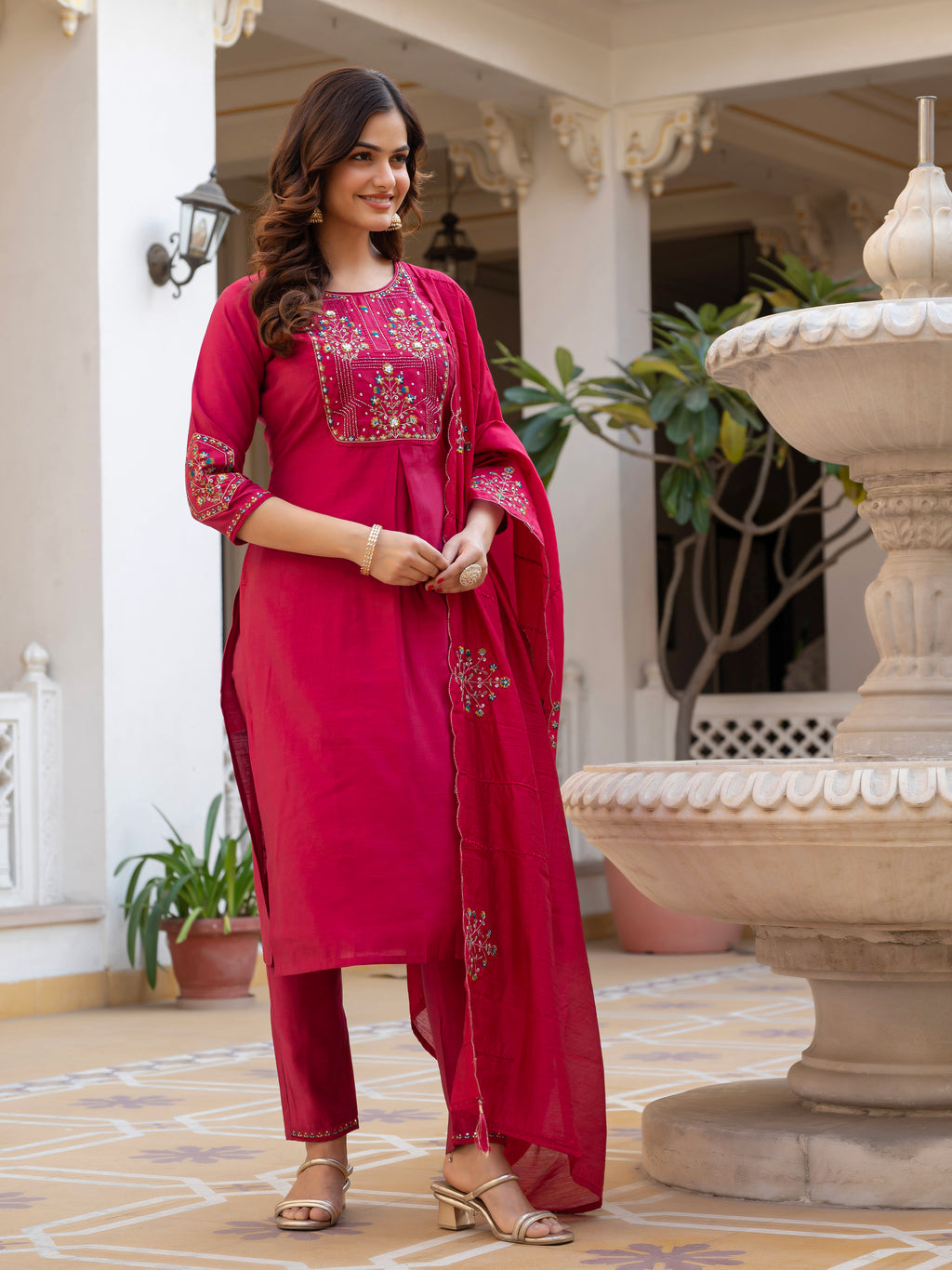 Pink Mango Silk Traditional Dress with Embroidered Dupatta