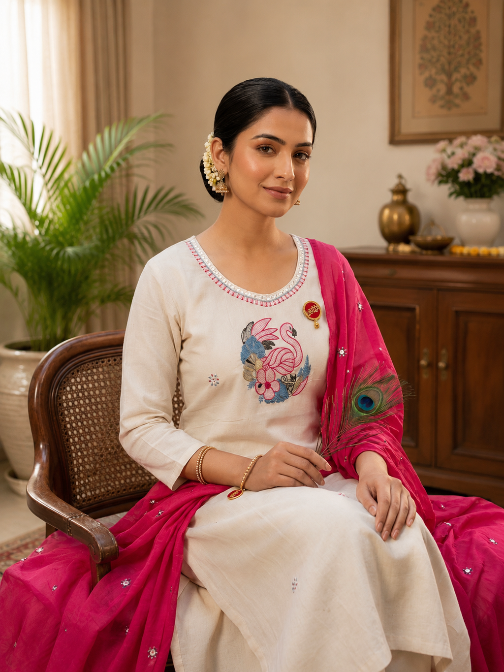 Elegant Off-White Pure Khadi Cotton Embroidered Suit Set with Rani Pink Dupatta
