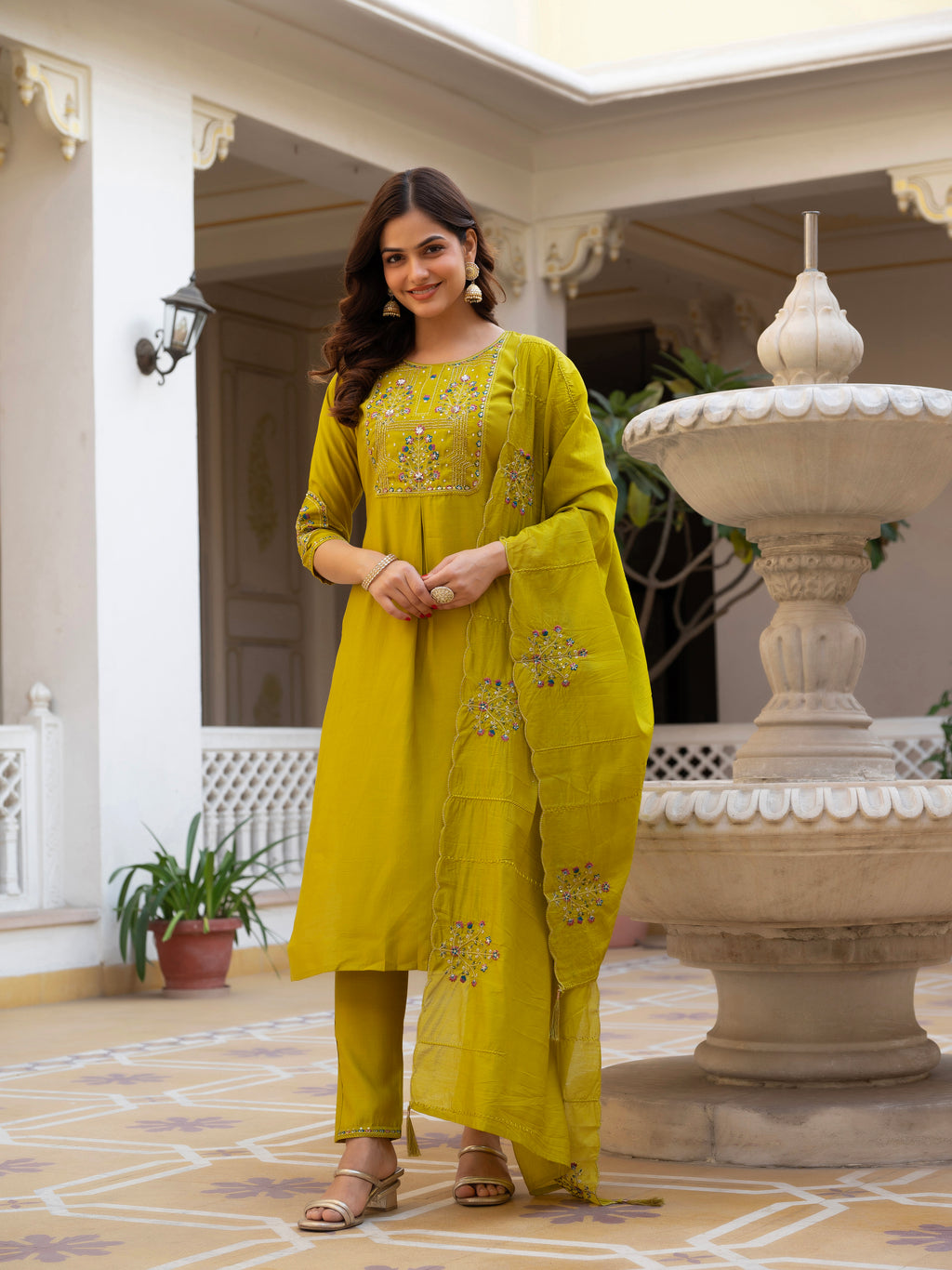 Luxury Pure Viscose Mango Silk Floral Embroidered Suit Set