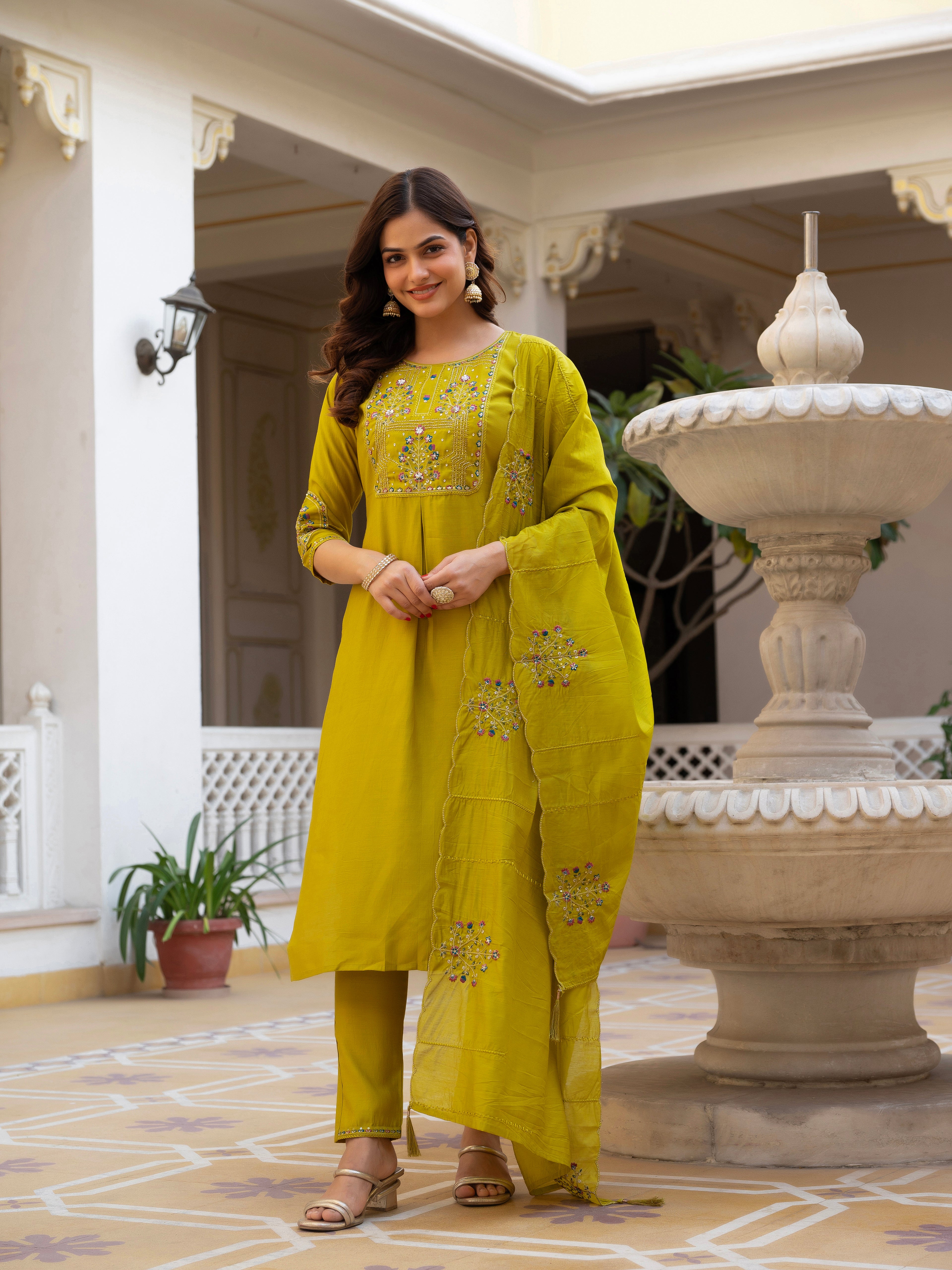 Luxury Pure Viscose Mango Silk Floral Embroidered Suit Set