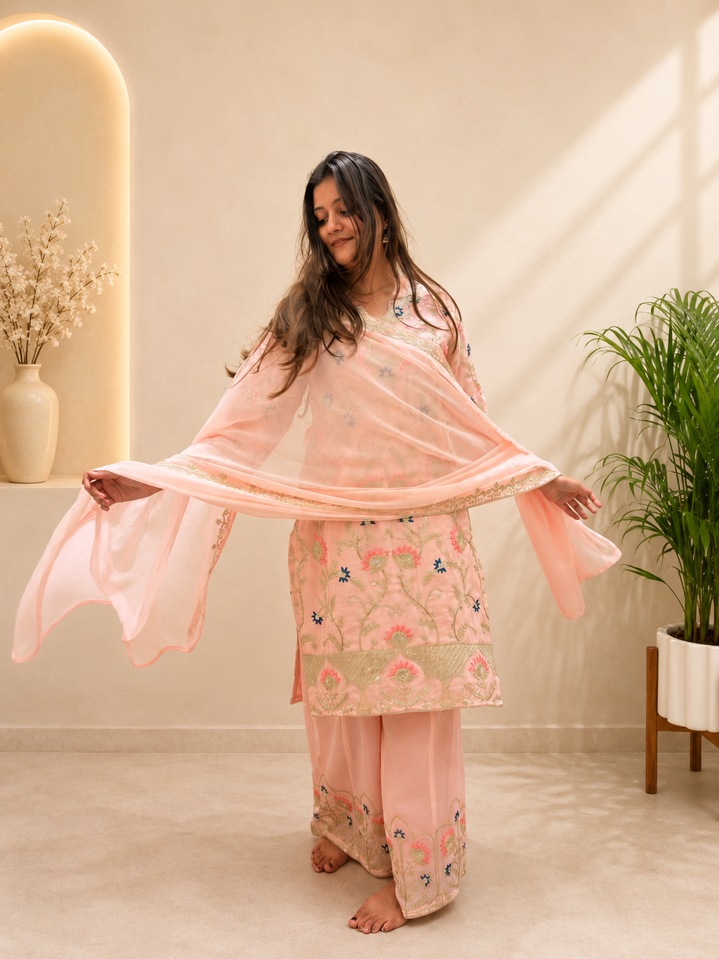 Premium Designer Pink Georgette Embroidery Suit Set