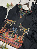 Very Attractive Jet Black Roman Silk Printed Salwar Suit Set