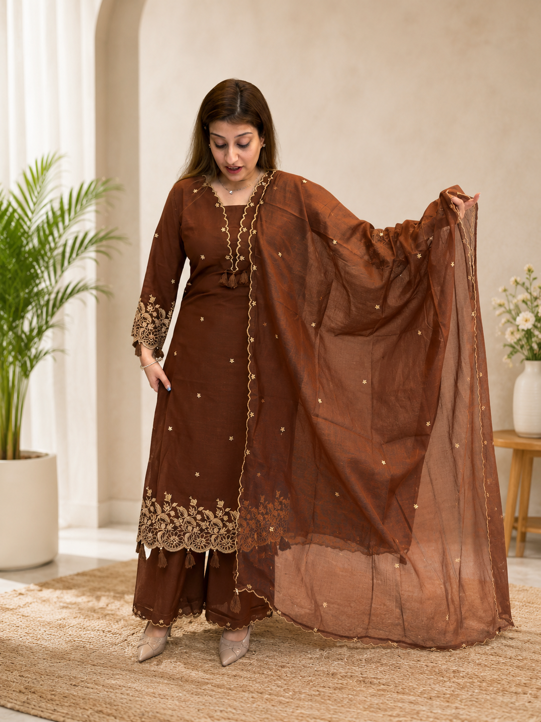 Festive Designer Brown Rayon Embroidery Straight Kurti Pants Set