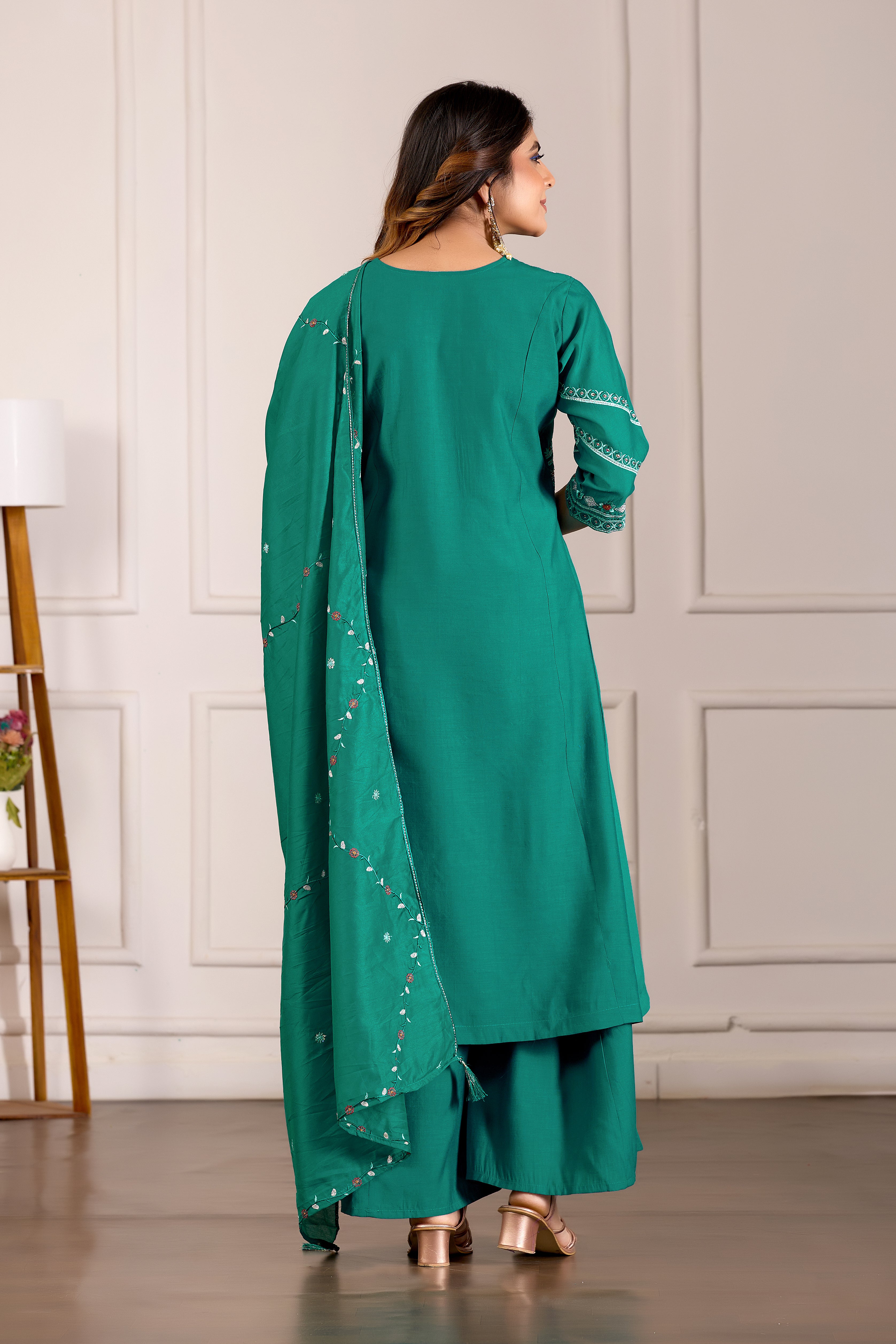 Designer Rama Green Viscose Mango Silk Anarkali Kurti Set