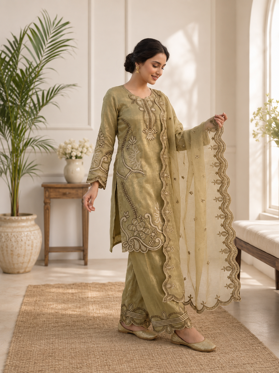 Elegant Olive Green Crunchy Silk Embroidered Suit Set with Organza Dupatta