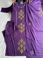 Elegant Royal Purple Pure Cotton Suit Set With Mirror Hand Work