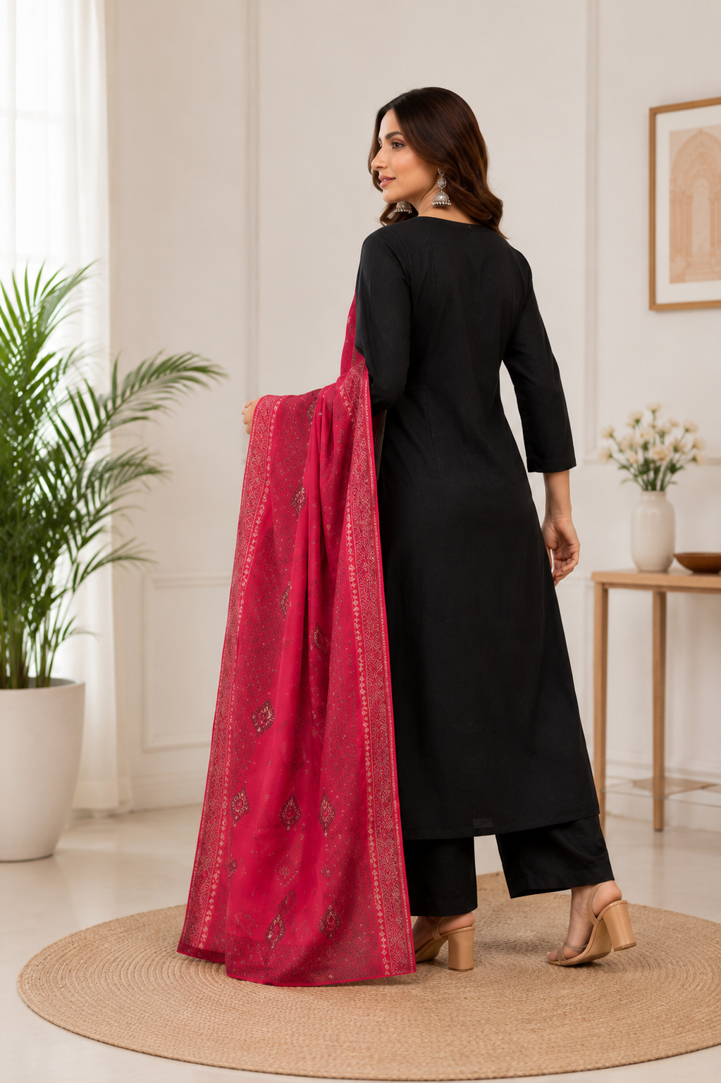 Classic Black Cotton Ethnic Suit Set With Block Print With Real Mirror Hand Work