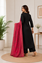 Classic Black Cotton Ethnic Suit Set With Block Print With Real Mirror Hand Work