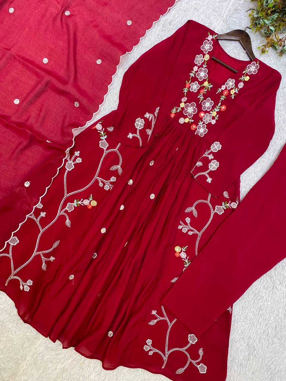 New Designer Festive Embroidery Mul Chanderi Anarkali Suit Set