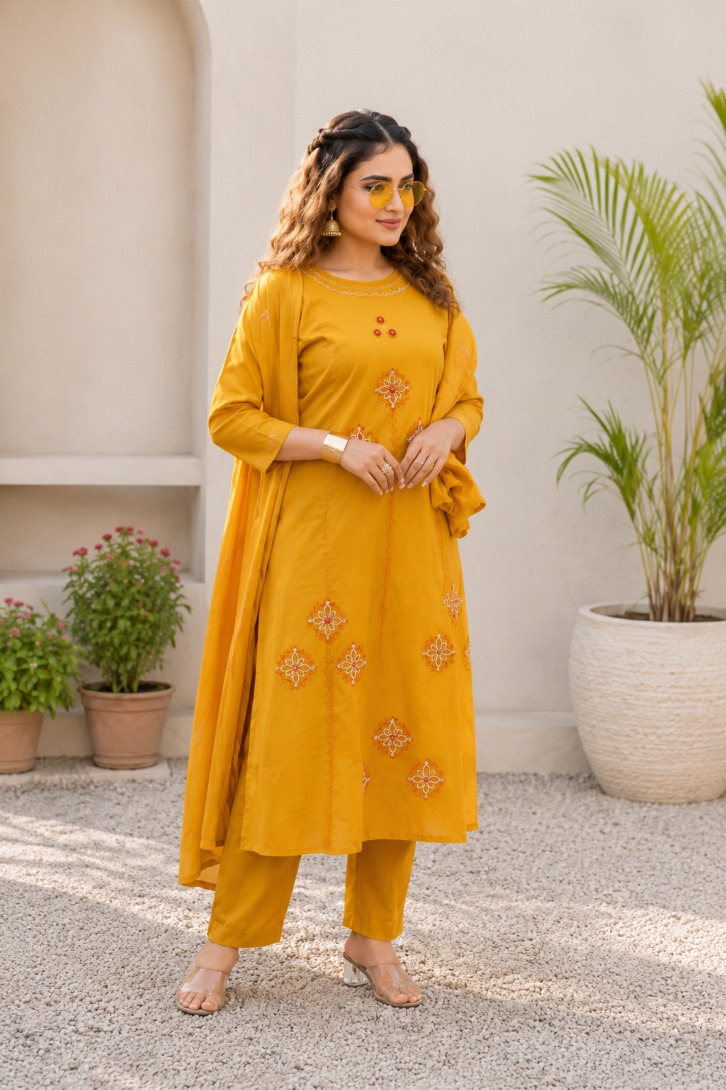 Festive Mustard Pure Cotton Suit Set with Floral Mirror Hand Work