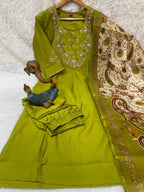 Beautiful Olive Green Premium Marina Silk Embroidered Kurti Pant Dupatta Set