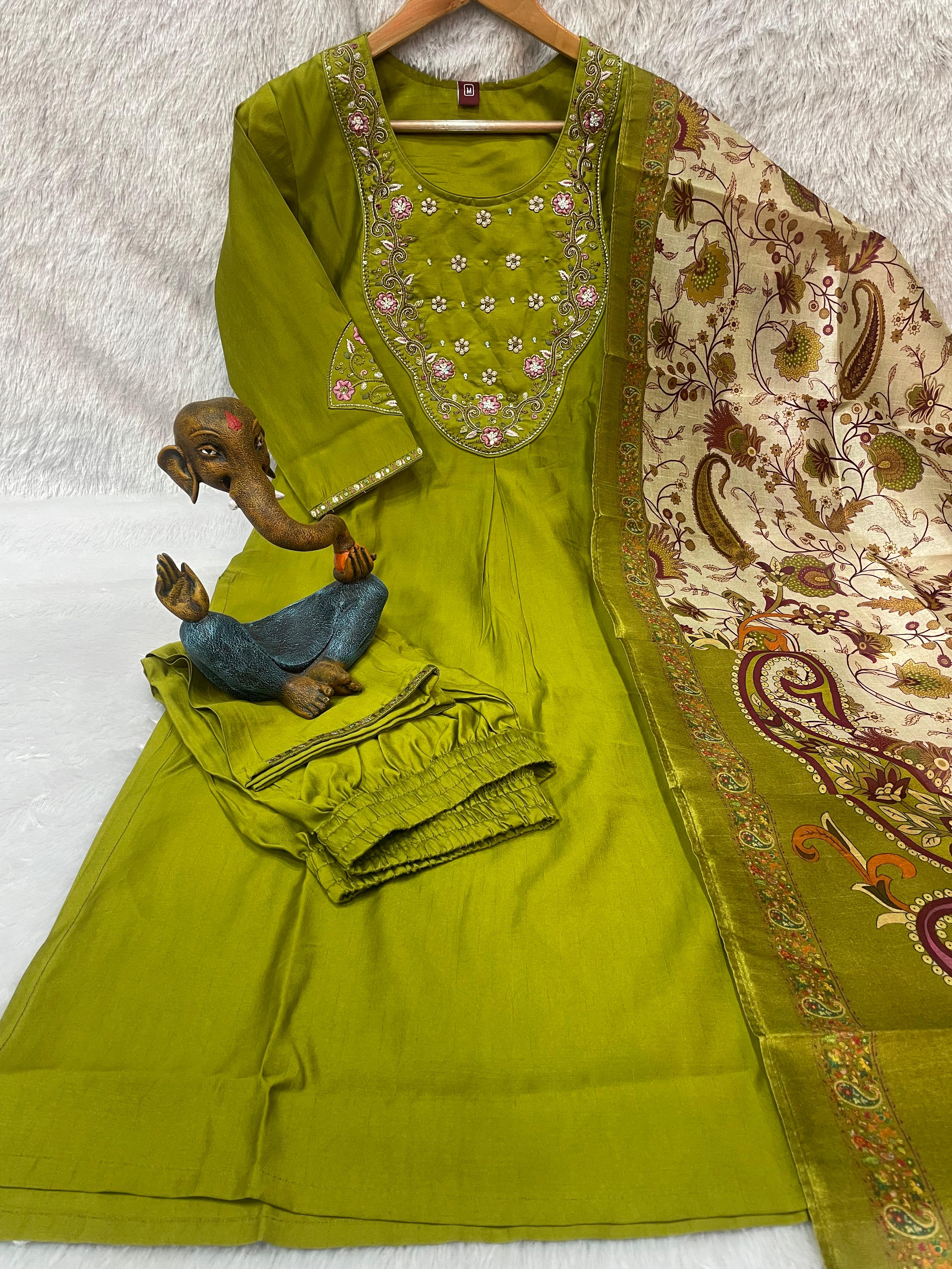 Beautiful Olive Green Premium Marina Silk Embroidered Kurti Pant Dupatta Set