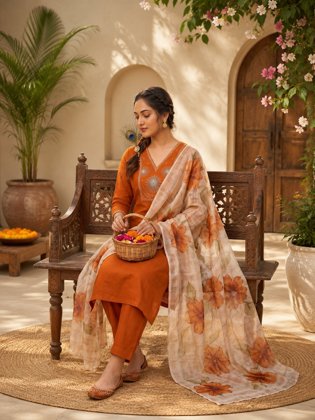 Elegant Rust Premium Roman Silk Embroidered Suit Set with Floral Dupatta