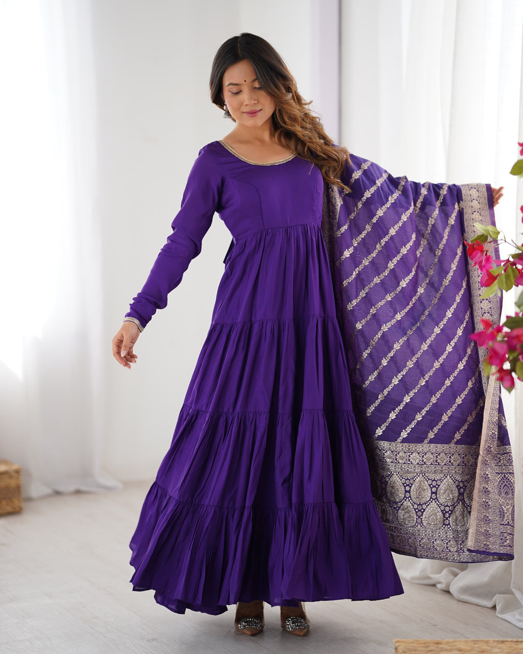 Women's Long Roman Silk Ethnic Suit Set with Elegant Woven Dupatta