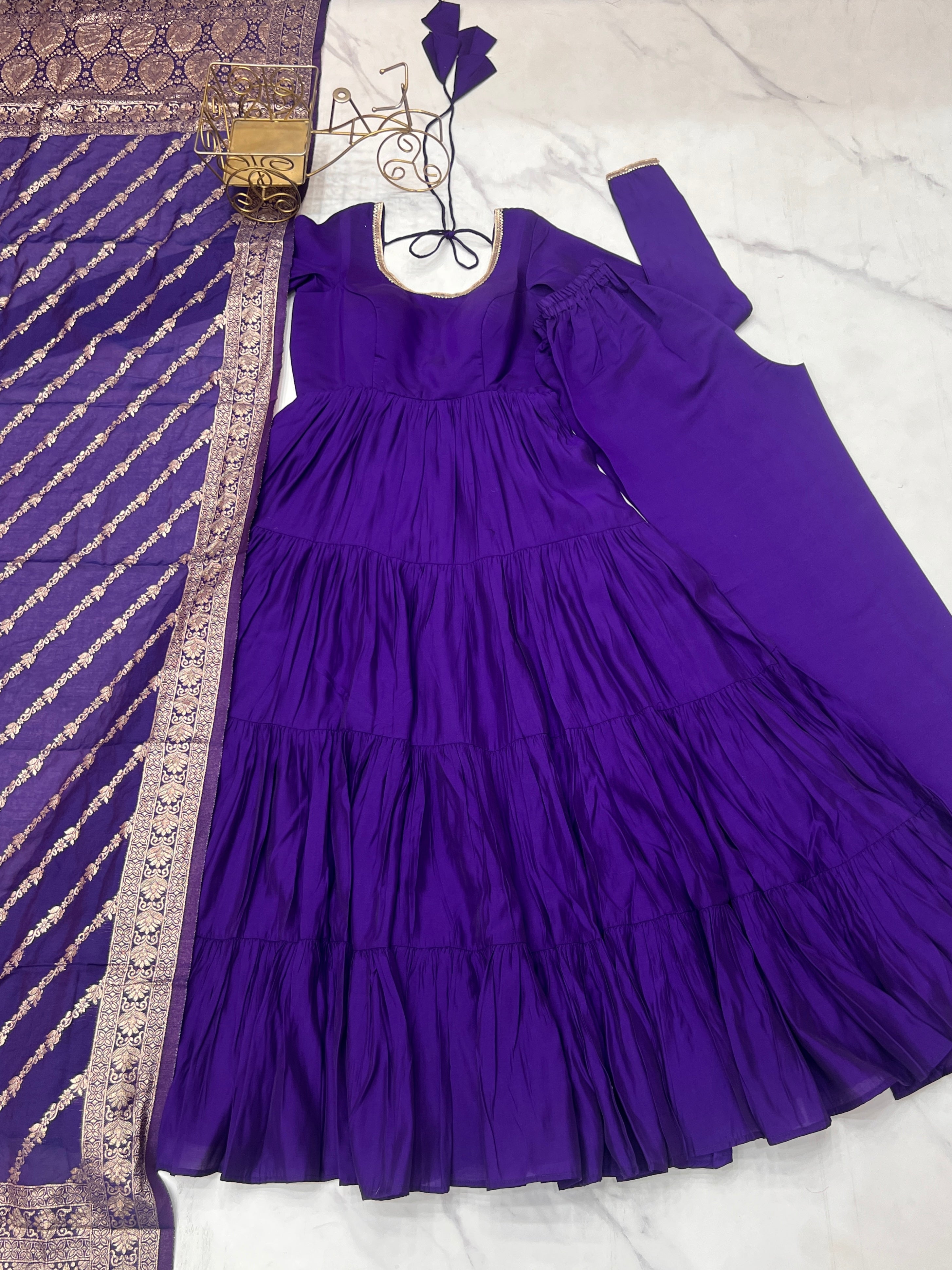 Women's Long Roman Silk Ethnic Suit Set with Elegant Woven Dupatta