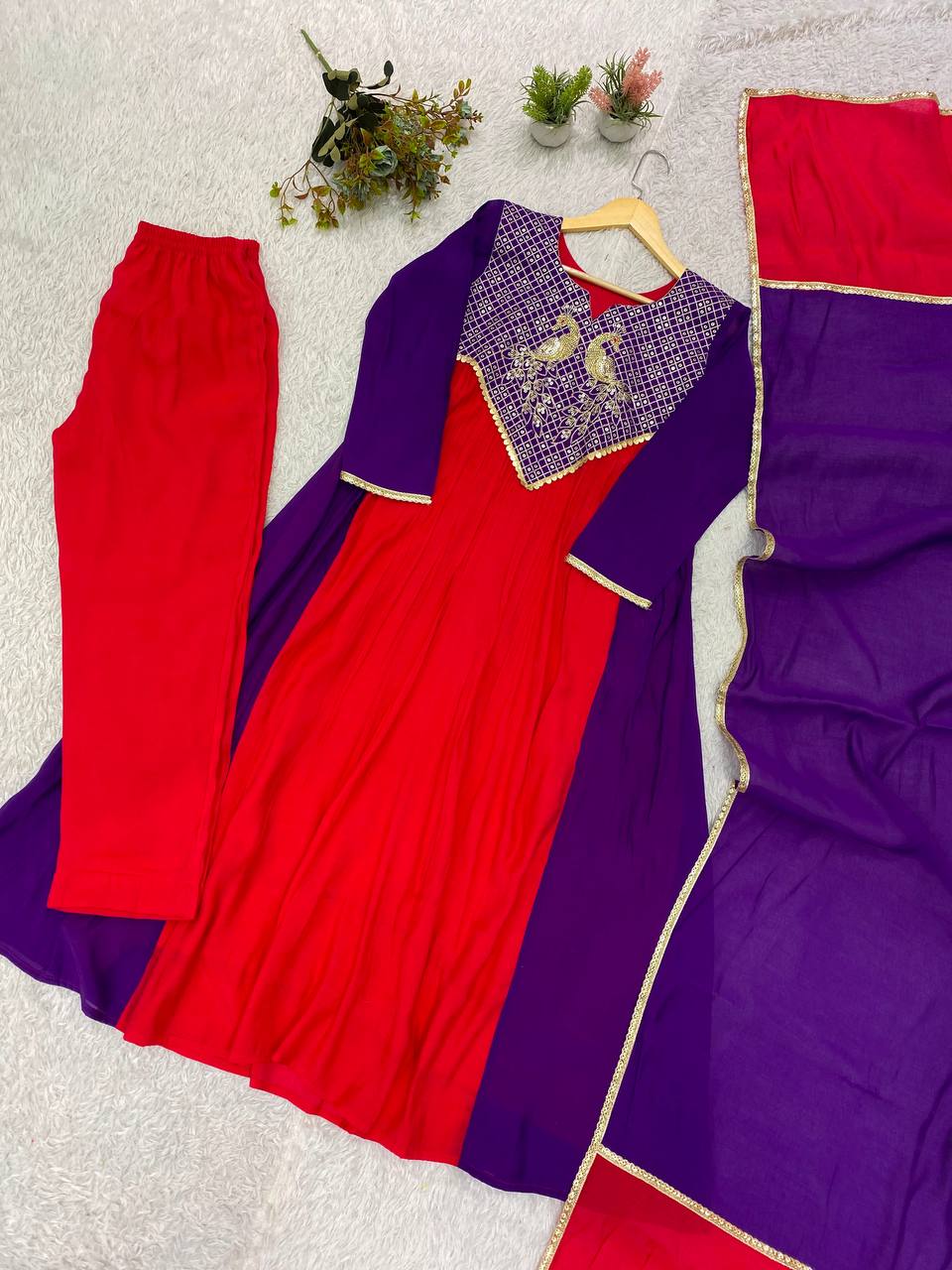Festive Sequence Embroidered Mul Chanderi Anarkali Suit Set